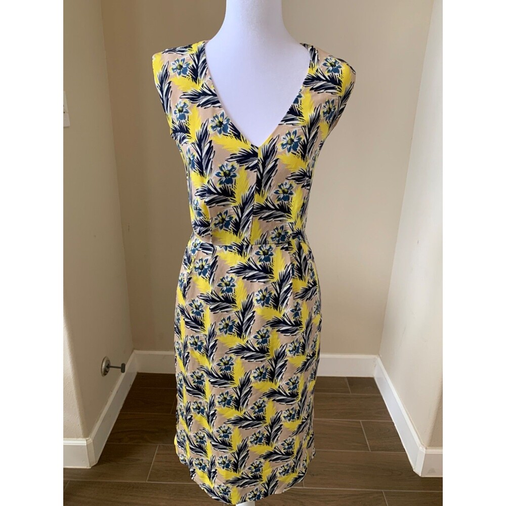 J. Crew Floral Yellow V Neck 100% Silk Sleeveless Dress Size: 00